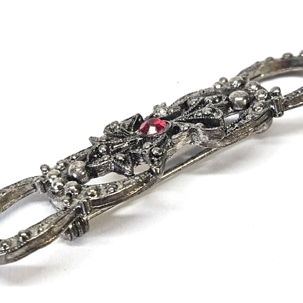 VINTAGE Victorian Revival Silver Tone Marcasite Rhinestone Brooch Pin